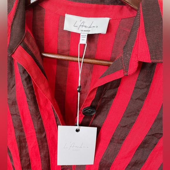 L’ACADEMIE NWT The Laramie Mini Dress Linen Red & Black Striped Size XXS Revolve - Picture 11 of 13